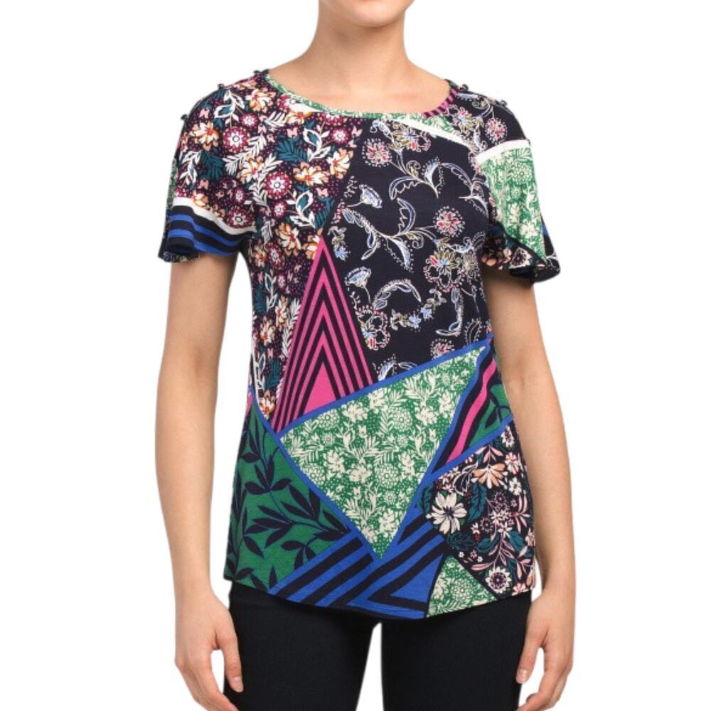 New Cable & Gauge Cut Out Shoulder Flutter Sleeve Floral T-Shirt Top - Picture 1 of 6